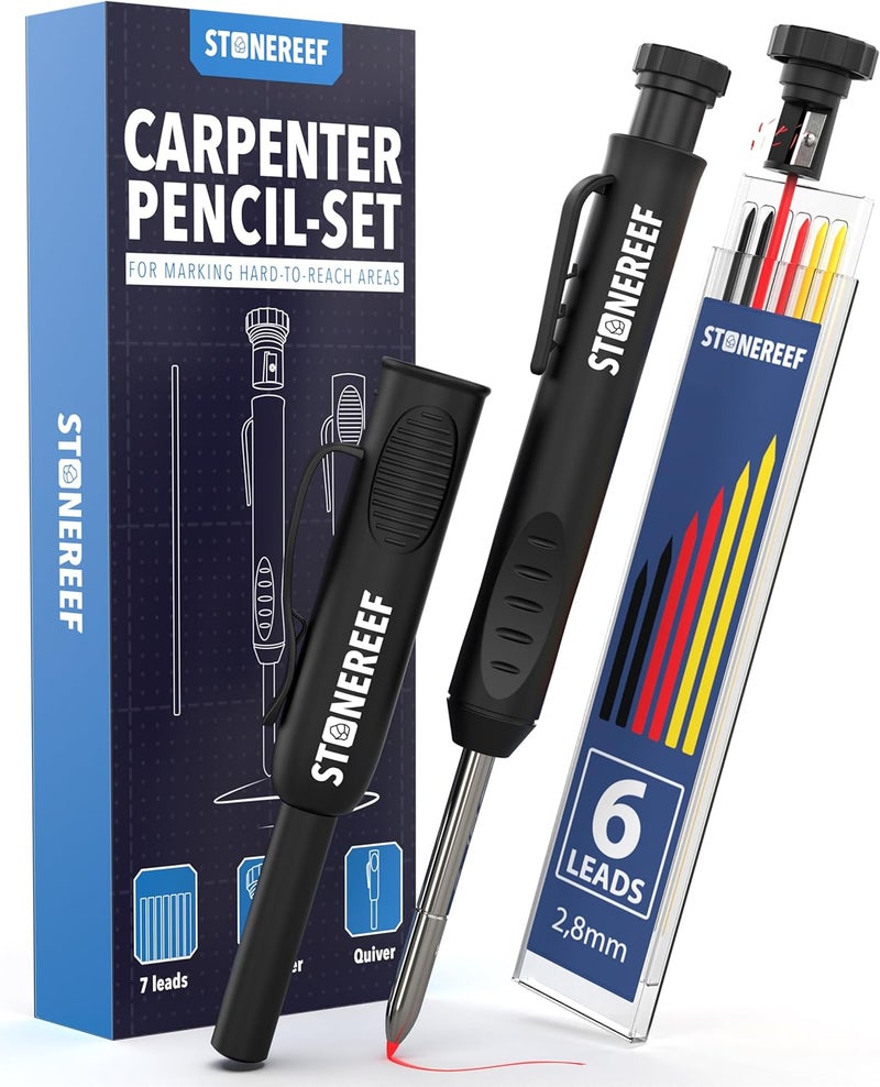 STONE REEF Carpenter Pencil Set with Sharpener & 7 Refills – Deep Hole Marker Mechanical Pencil for Wood, Metal & Plastic – Durable Woodworking Marking Tool - Image 1